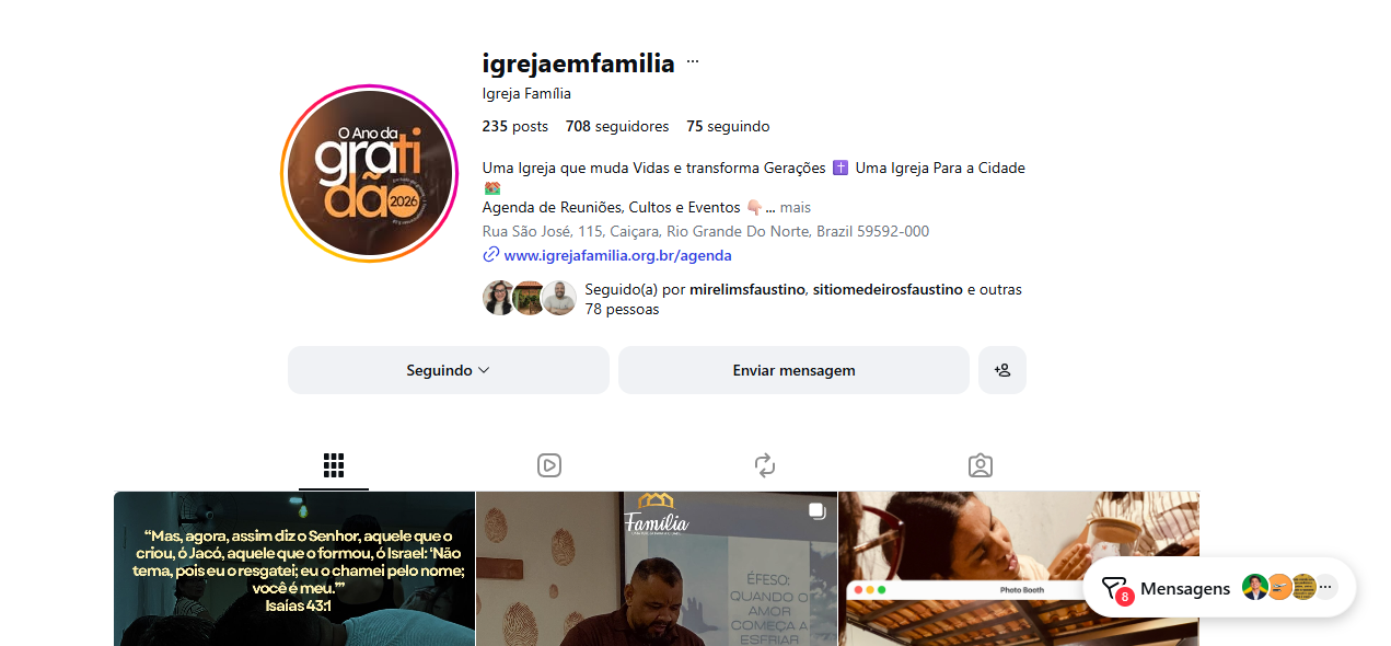 Captura real do perfil da Igreja Família no Instagram