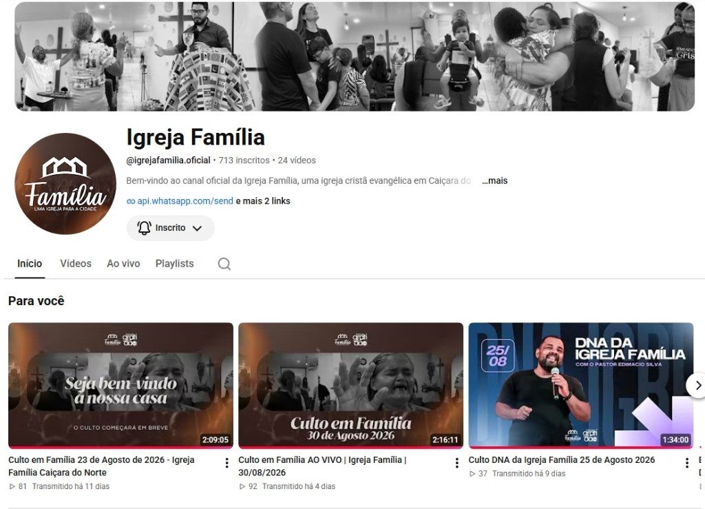 Canal real da Igreja Família no YouTube com identidade das transmissões